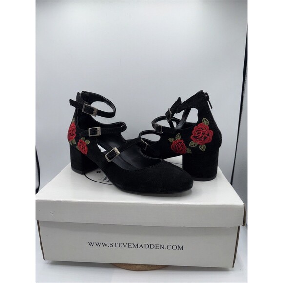Steve Madden Women Floral Gothic Black Sued 2” Block Zip UP Heels Size 8.5 NEW - Picture 1 of 14